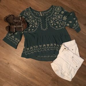 Free People 3/4 Sleeve Sheer Blue Top